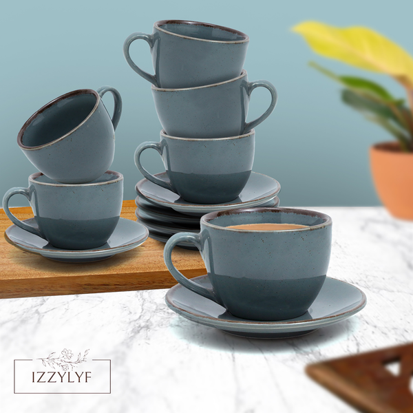 Blue Stone Cappuccino Large Coffee Cups with Saucer 250ml Each (Set of 6)