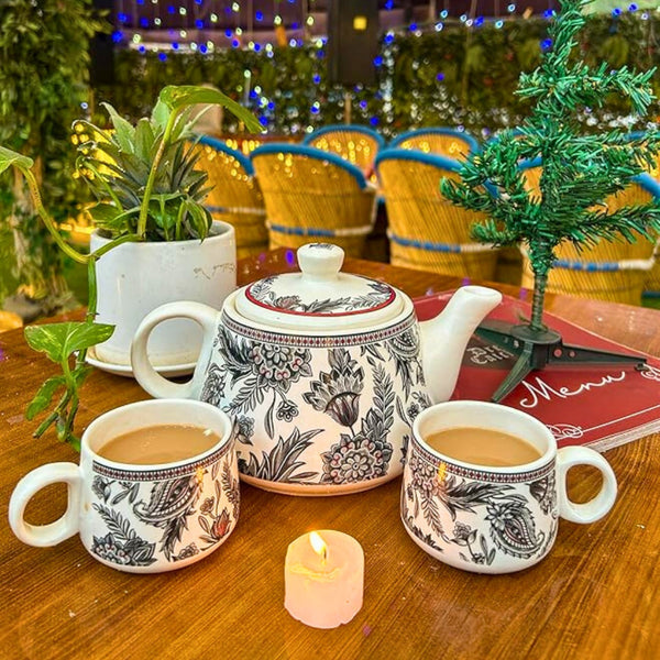 Printed Mat Finish Garden Bliss Tea & Kettle Set - 6 Tea Cups, 1 Kettle