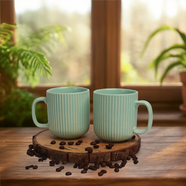 Tritone Green Ceramic Bowl set of 2 (500ml Each) & Peripheral Green Coffee Mug Set of 2 Combo