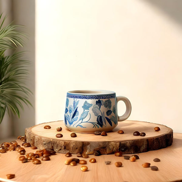 Printed Mat Finish Blue Garden Whispers Tea & Kettle Set- 6 Tea Cups, 1 Kettle