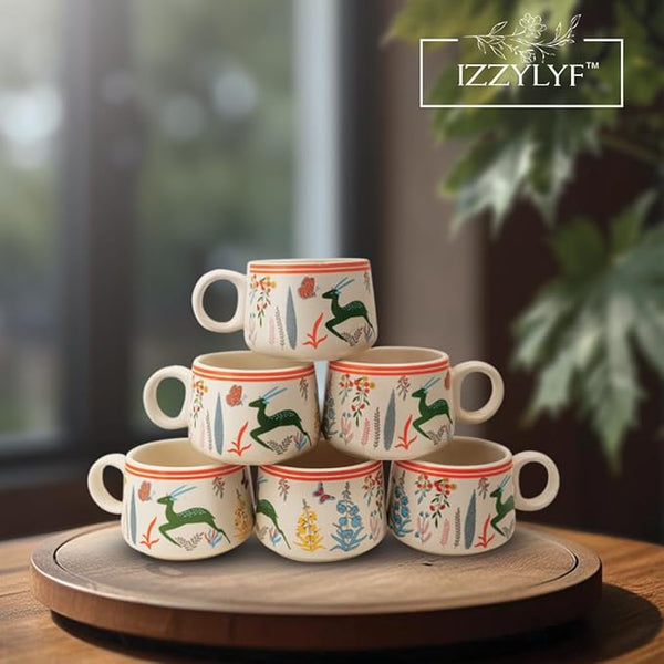 Green Printed Deer Ceramic Tea Cups Set of 6 (150ml Each)