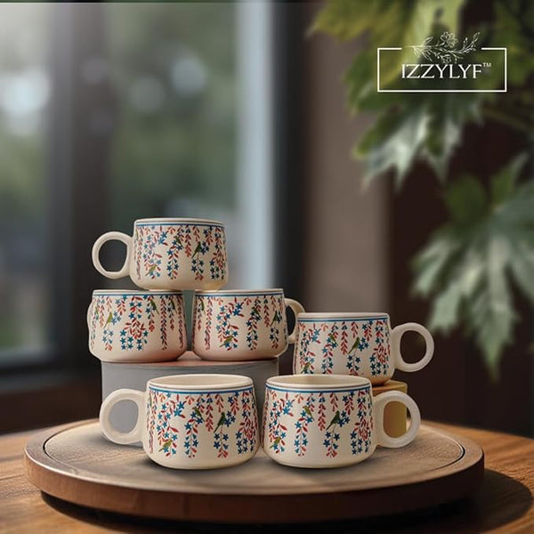 Artisan Leaf Printed Ceramic Tea Cups Set of 6 (150ml Each)