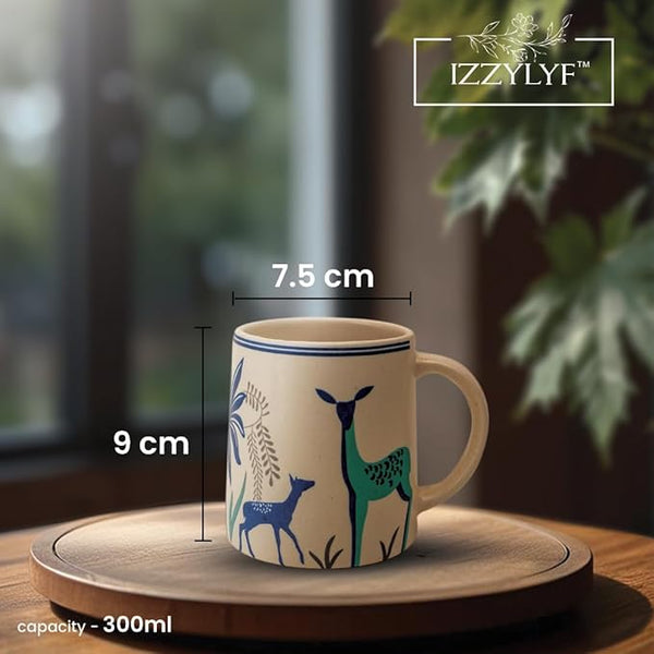 Printed Blue Deer Coffee Mug Set with Tray (300ml Each)