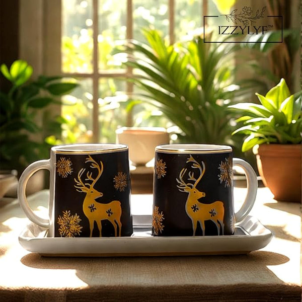 Mat Finish Printed Deer Ceramic 2 Coffee Mug (300ml Each) with 1 Tray Set