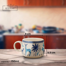 Blue Printed Deer Ceramic Tea Cups Set of 6 (150ml Each)