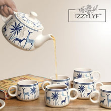 Blue Printed Deer Ceramic Tea Cups Set of 6 (150ml Each)