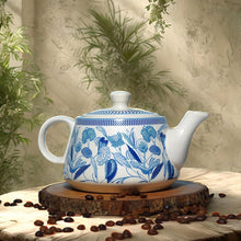 Printed Mat Finish Blue Garden Whispers Tea & Kettle Set- 6 Tea Cups, 1 Kettle