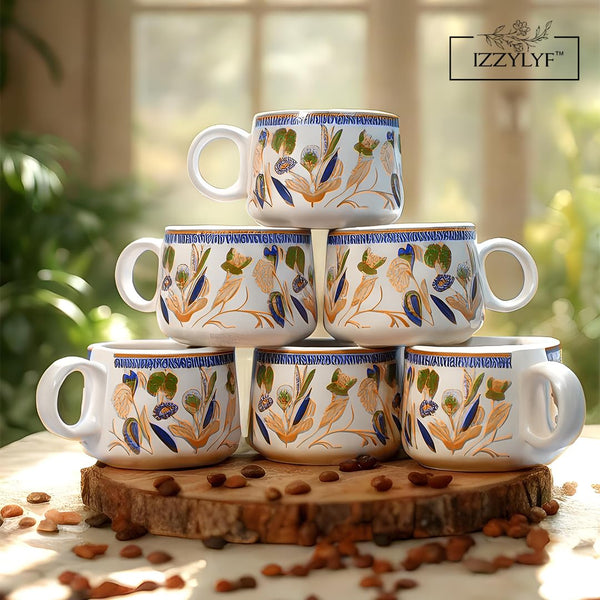 Printed Mat Finish Golden Flora Tea & Kettle Set- 6 Tea Cups, 1 Kettle