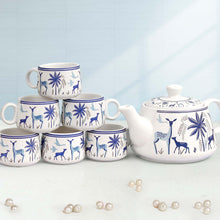 Blue Printed Deer Ceramic Tea Cups Set of 6 (150ml Each)