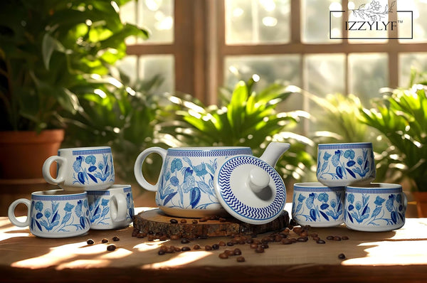 Printed Mat Finish Blue Garden Whispers Tea & Kettle Set- 6 Tea Cups, 1 Kettle