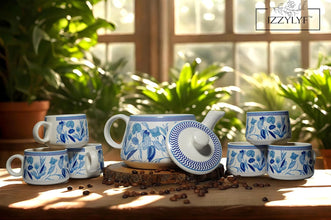 Printed Mat Finish Blue Garden Whispers Tea & Kettle Set- 6 Tea Cups, 1 Kettle