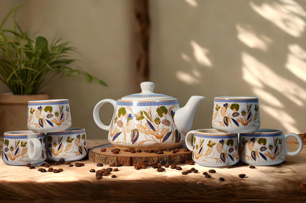 Printed Mat Finish Golden Flora Tea & Kettle Set- 6 Tea Cups, 1 Kettle