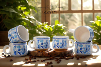 Printed Mat Finish Blue Garden Whispers Tea & Kettle Set- 6 Tea Cups, 1 Kettle