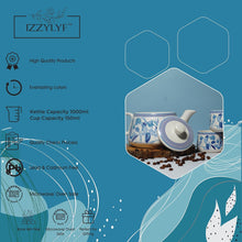 Printed Mat Finish Blue Garden Whispers Tea & Kettle Set- 6 Tea Cups, 1 Kettle