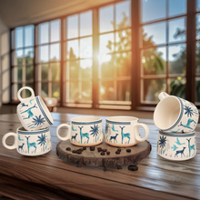 Blue Printed Deer Ceramic Tea Cups Set of 6 (150ml Each)