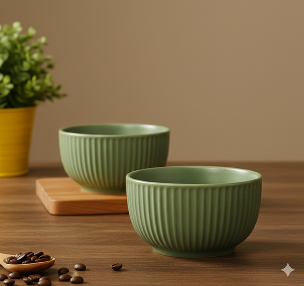 Olive Green Matte Finish Ribbed Ceramic Bowl (550ml Each)