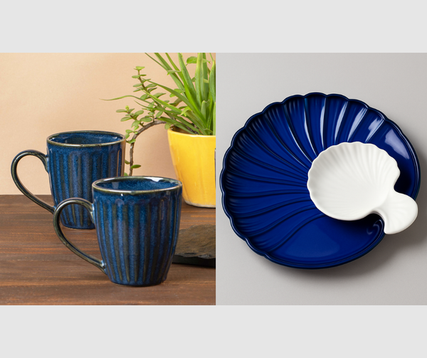Sea Shell Platter Combo: 1pc Platter/Dip Bowl + 2pc Glam Blue Coffee Mugs