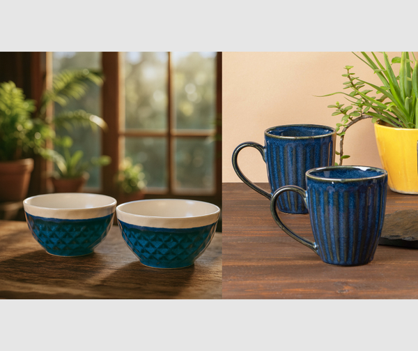 Handcrafted Dual Tone Bowls (450ml) & Glam Blue Mug Set (300ml Each)