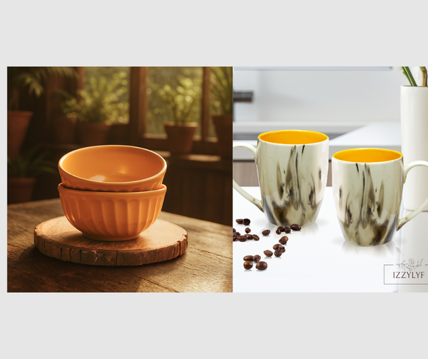 Wave Yellow Ceramic Bowl set of 2 & Italian Yellow Coffee Mug Set of 2 Combo