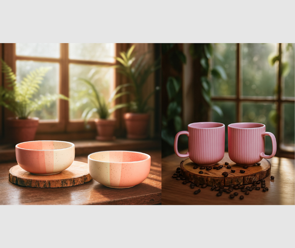 Tritone Pink Ceramic Bowl set of 2 (500ml Each) & Peripheral Pink Coffee Mug Set of 2 Combo