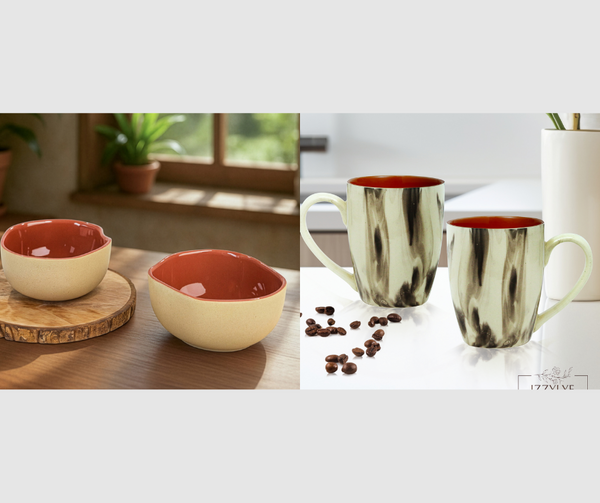 Rustic Charm Ceramic Bowls Set of 2 & Italian Red Ceramic Coffee Mug Set of 2 Combo