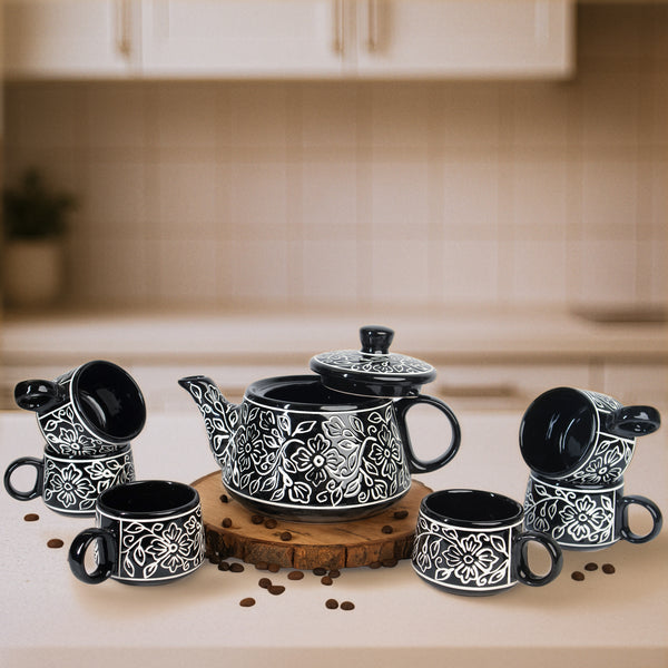 Crafted Black Mughal' Ceramic Kettle Tea Set – 1 Kettle & 6 Cups