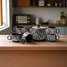 Crafted Black Mughal' Ceramic Kettle Tea Set – 1 Kettle & 6 Cups