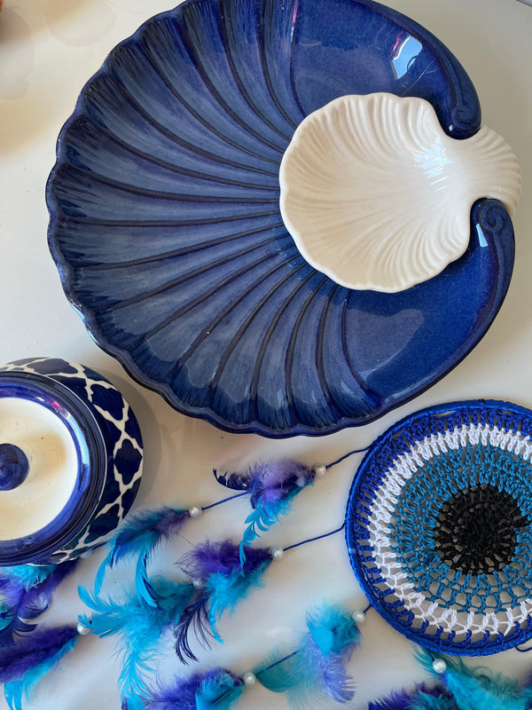 Sea Shell Platter Combo: 1pc Platter/Dip Bowl + 2pc Glam Blue Coffee Mugs