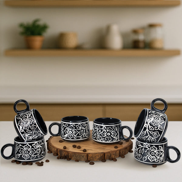 Crafted Black Mughal' Ceramic Kettle Tea Set – 1 Kettle & 6 Cups