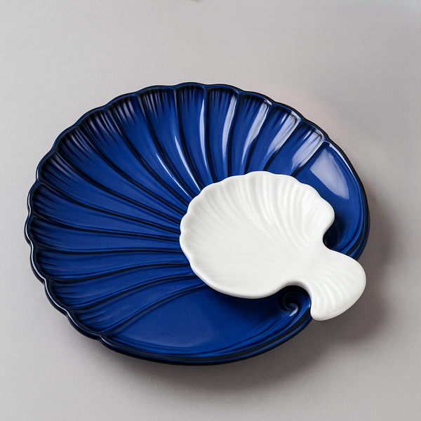 Blue Sea Shell’ Ceramic Platter with Dip Bowl