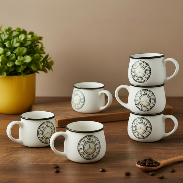 Clock Printed White  Tea Cup Set of 6 (200ml Each)